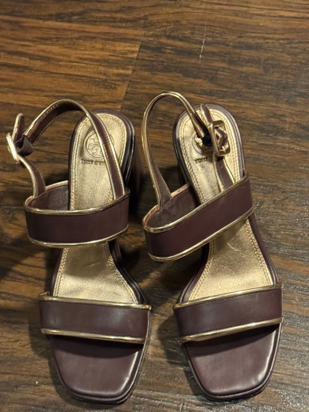 Tory Burch Dark Brown Leather Block Heel Sandals with Gold Accents